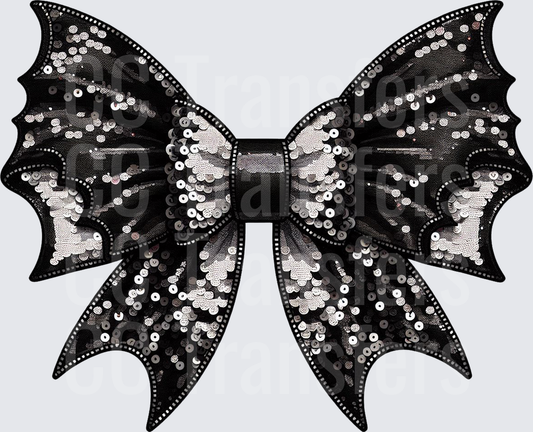 Black Sequin Glam Bow with Silver Shimmer Detail (DTF)