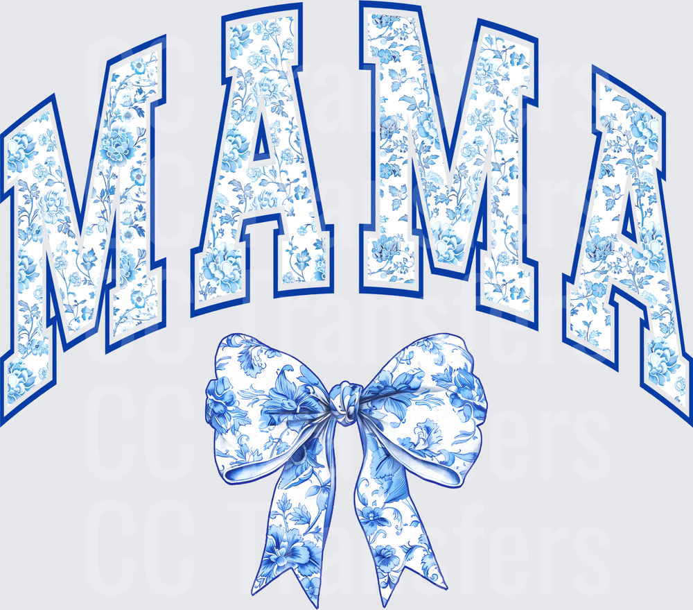 Blue Floral Chinoiserie Mama Varsity Letters with Bow (DTF)