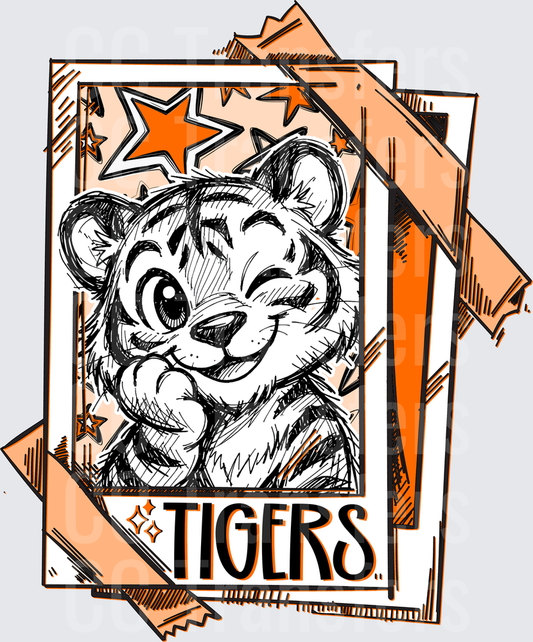 Cute Cartoon Tiger Cub Sketch Polaroid Stars Tigers DTF