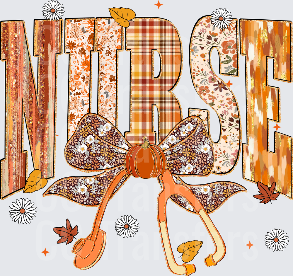 Fall Nurse Patterned Letters Bow Stethoscope Pumpkin (DTF)