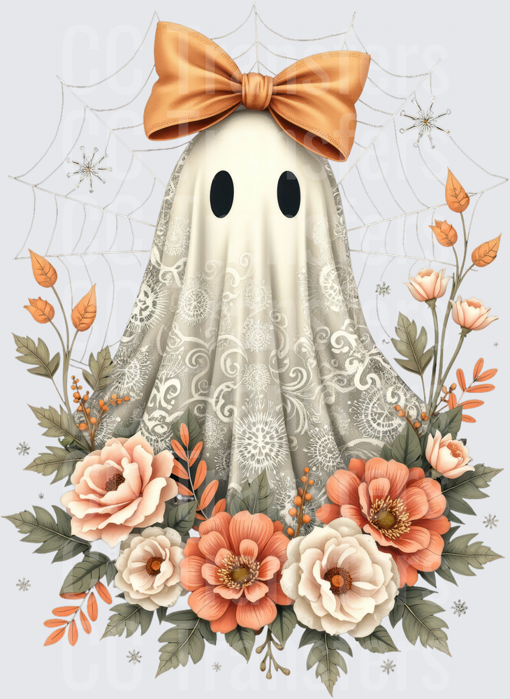 Boho Floral Ghost with Coquette Bow and Spiderweb (DTF)