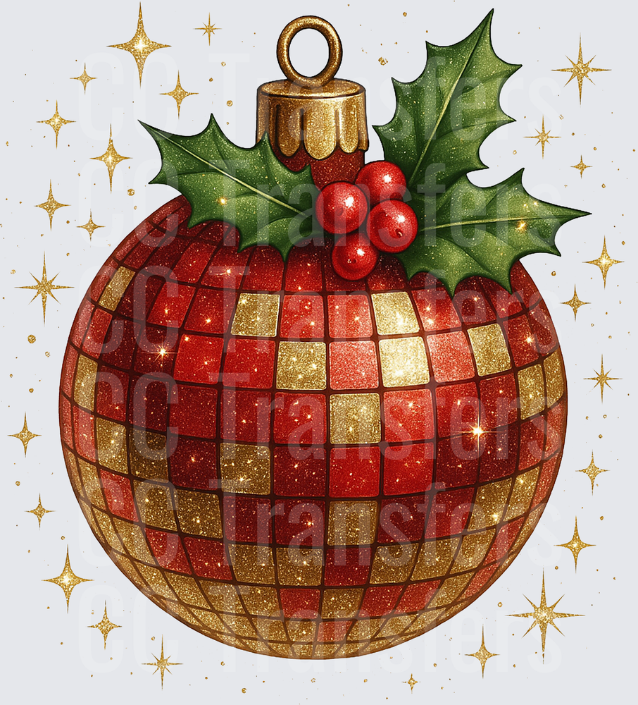 Red Gold Glitter Disco Ball Christmas Ornament Holly (DTF)
