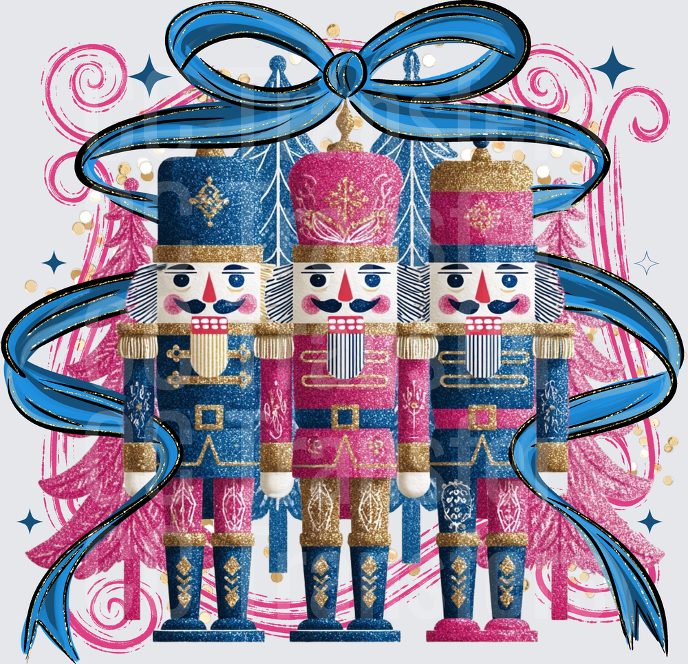 Glitter Nutcracker Trio Blue Bow Pink Christmas Trees (DTF)