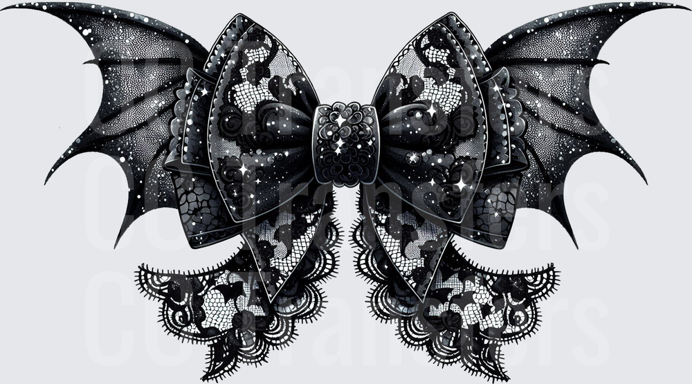 Gothic Black Lace Bow with Bat Wings and Sparkles (DTF)