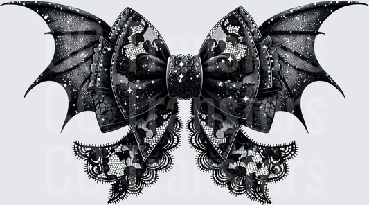 Gothic Black Lace Bow with Bat Wings and Sparkles (DTF)