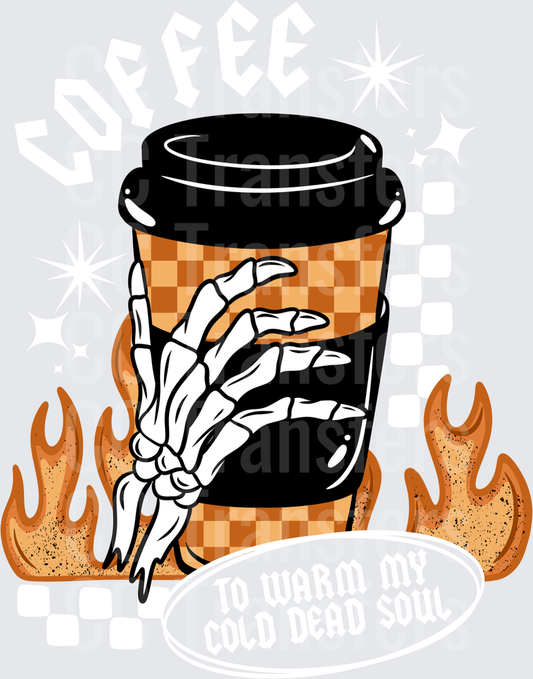Skeleton Hand Gripping Coffee Cup With Flames (DTF)
