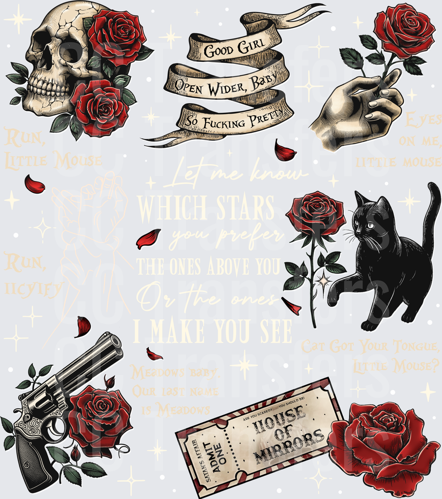 Dark Romance Tattoo Flash Sheet Skull Roses Cat Gun (DTF)