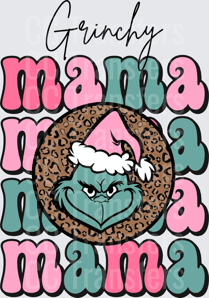 Grinchy Mama Stacked Retro Leopard Christmas (DTF)
