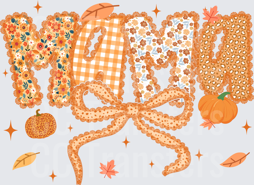 Fall Mama Patchwork Lace Letters Bow Pumpkin Leaves (DTF)