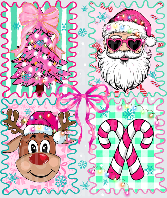 Pink Christmas Stamp Collage Santa Reindeer Tree (DTF)