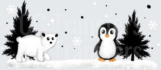 Cute Polar Bear Cub and Penguin Winter Snow Scene (DTF)