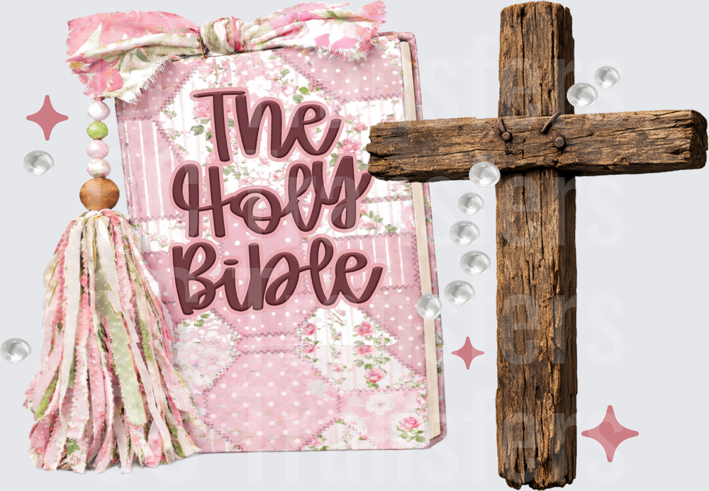 Pink Floral Holy Bible Rustic Wooden Cross Boho Beads (DTF)