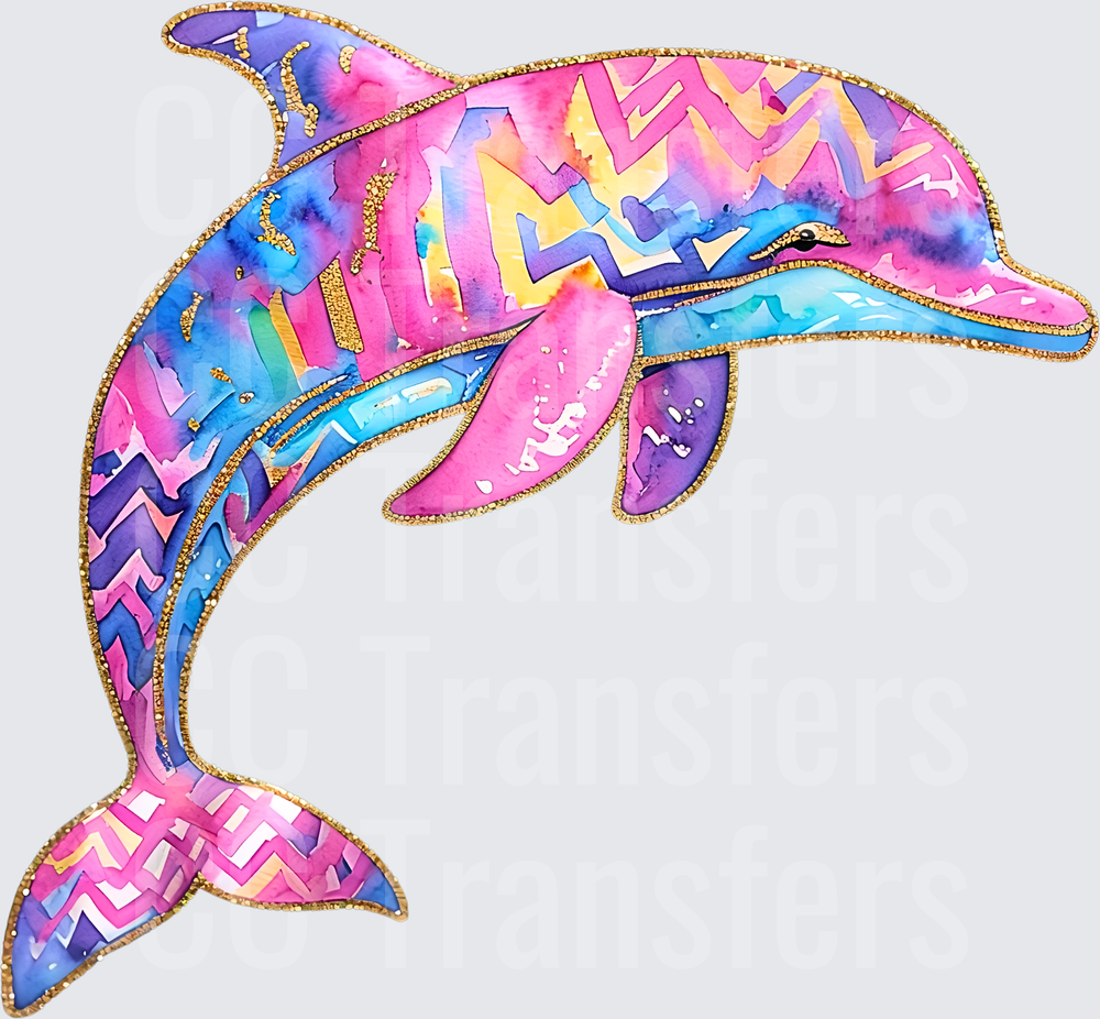 Colorful Watercolor Dolphin Zigzag Pattern Gold Border (DTF)