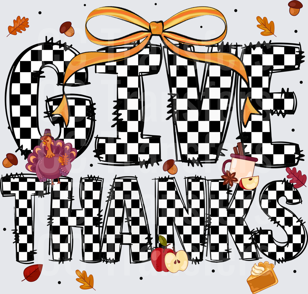 Give Thanks Checkered Thanksgiving Turkey Bow Fall (DTF)