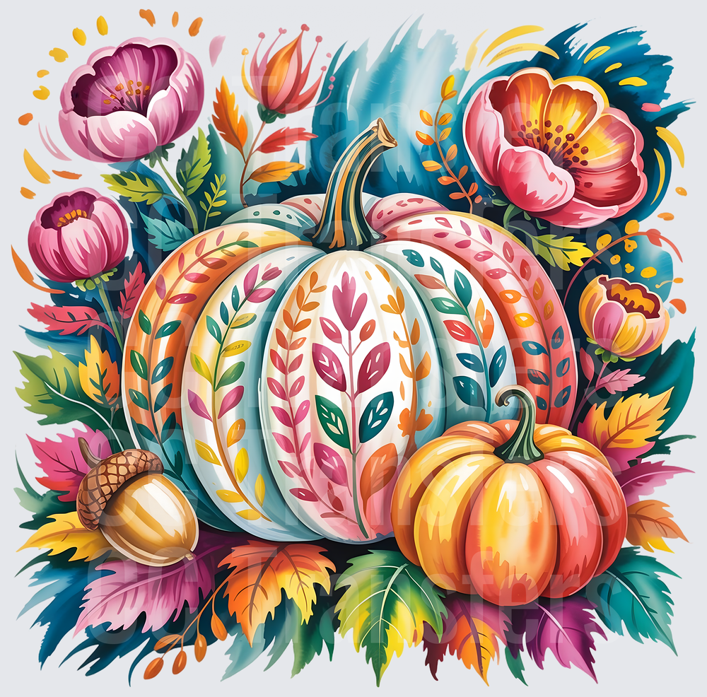 Colorful Floral Pumpkin Harvest Autumn Botanical (DTF)