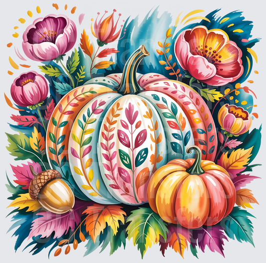 Colorful Floral Pumpkin Harvest Autumn Botanical (DTF)