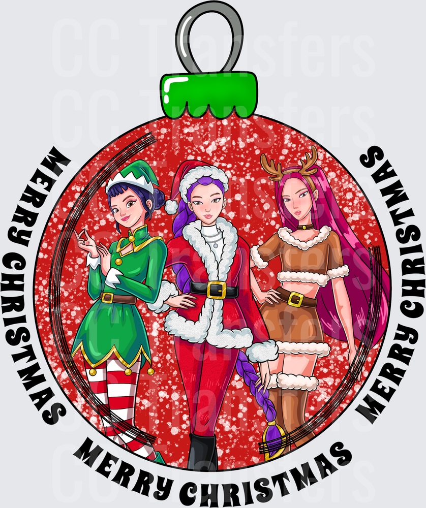 Three Anime Girls Christmas Ornament Merry Christmas (DTF)