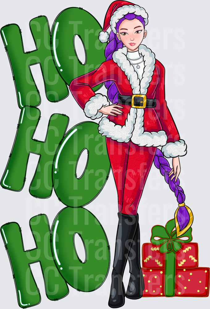 Anime Girl Santa Purple Hair Ho Ho Ho Christmas (DTF)