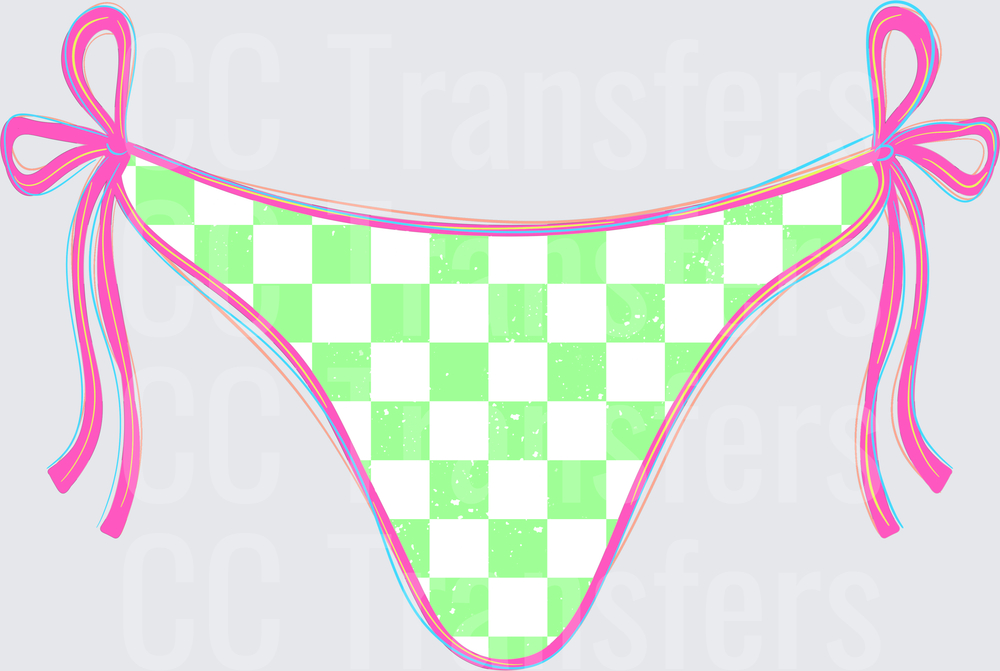 Green Checkered Tie-Side Bikini Bottom with Pink Bows (DTF)