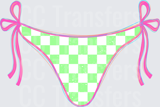 Green Checkered Tie-Side Bikini Bottom with Pink Bows (DTF)