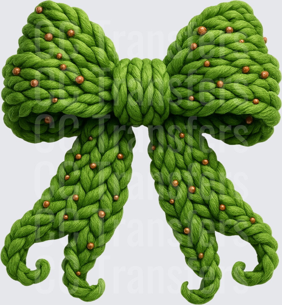 Chunky Knit Green Yarn Bow with Copper Beads (DTF)
