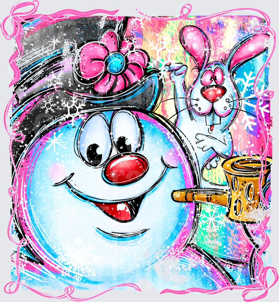 Colorful Snowman With Top Hat And Bunny Winter Design (DTF)