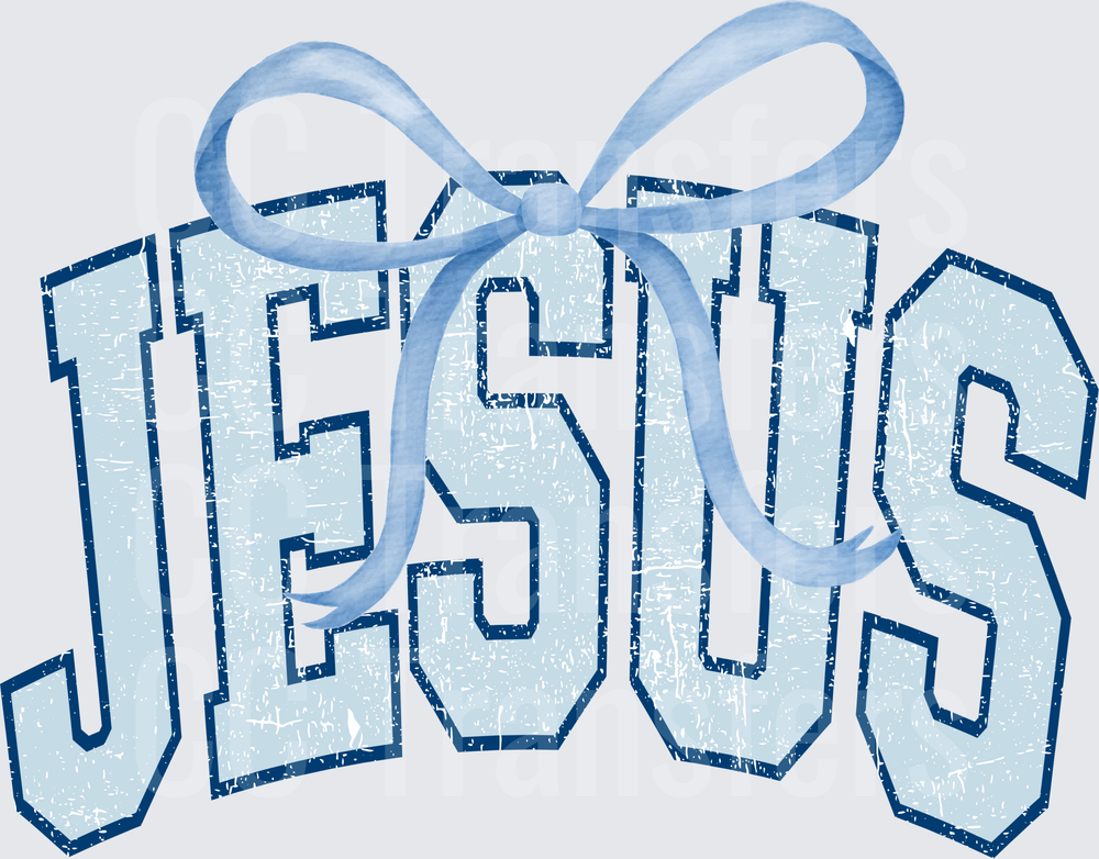 Jesus Distressed Varsity Letters with Blue Bow (DTF)