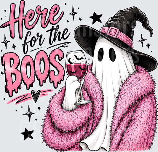 Here For The Boos Ghost Witch Pink Fur Wine Halloween (DTF)