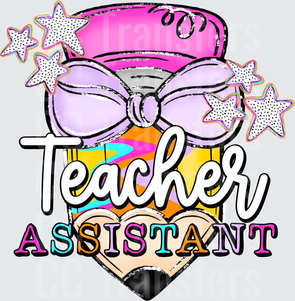 Teacher Assistant Pencil Bow Stars Colorful Design (DTF)