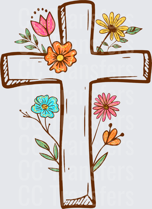 Wildflower Floral Christian Cross Boho Sketch (DTF)