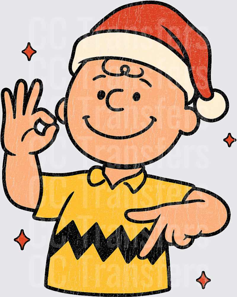 Cartoon Boy Santa Hat OK Hand Gesture Holiday Sparkles (DTF)