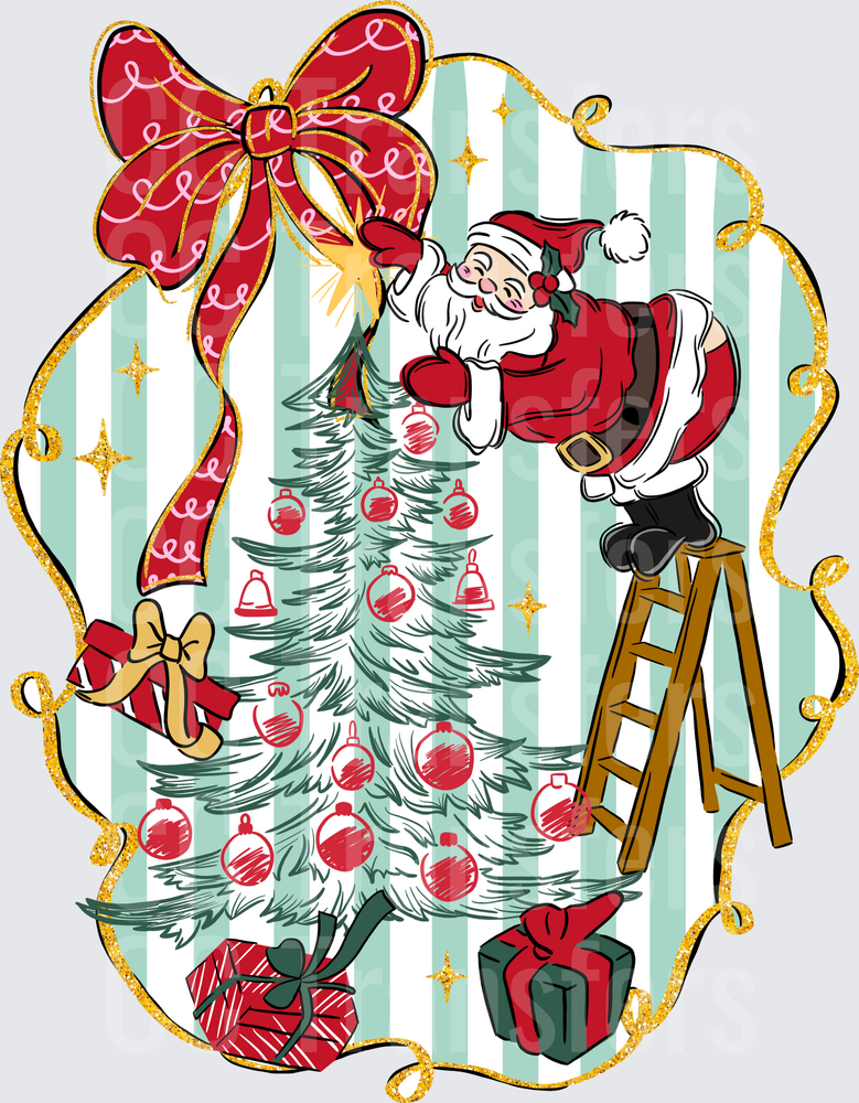Retro Santa on Ladder Decorating Christmas Tree DTF