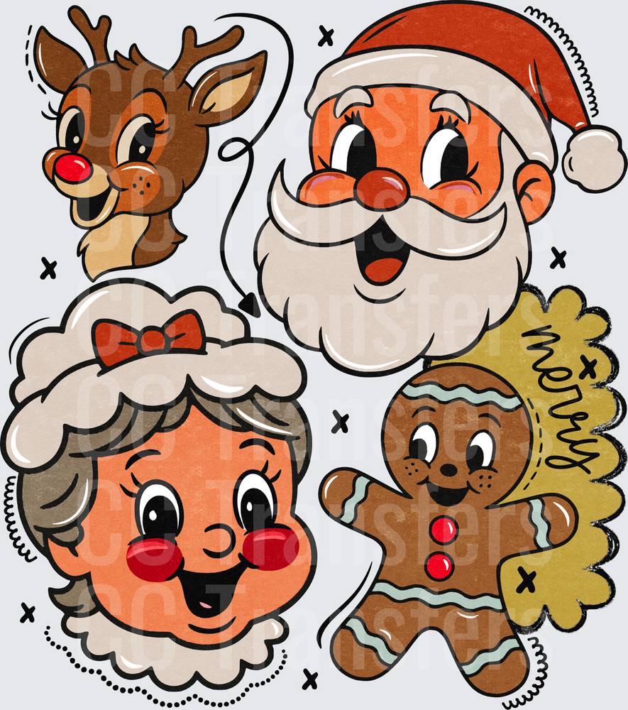 Retro Christmas Characters Santa Mrs Claus Reindeer Gingerbread (DTF)