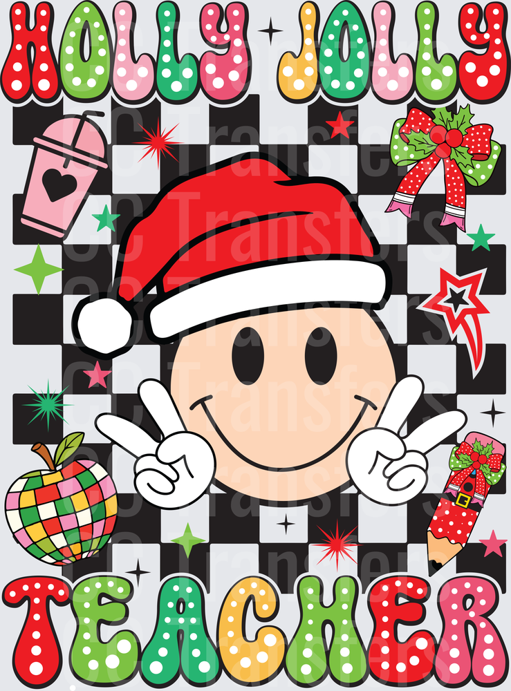 Holly Jolly Teacher Smiley Face Santa Hat Checkered (DTF)