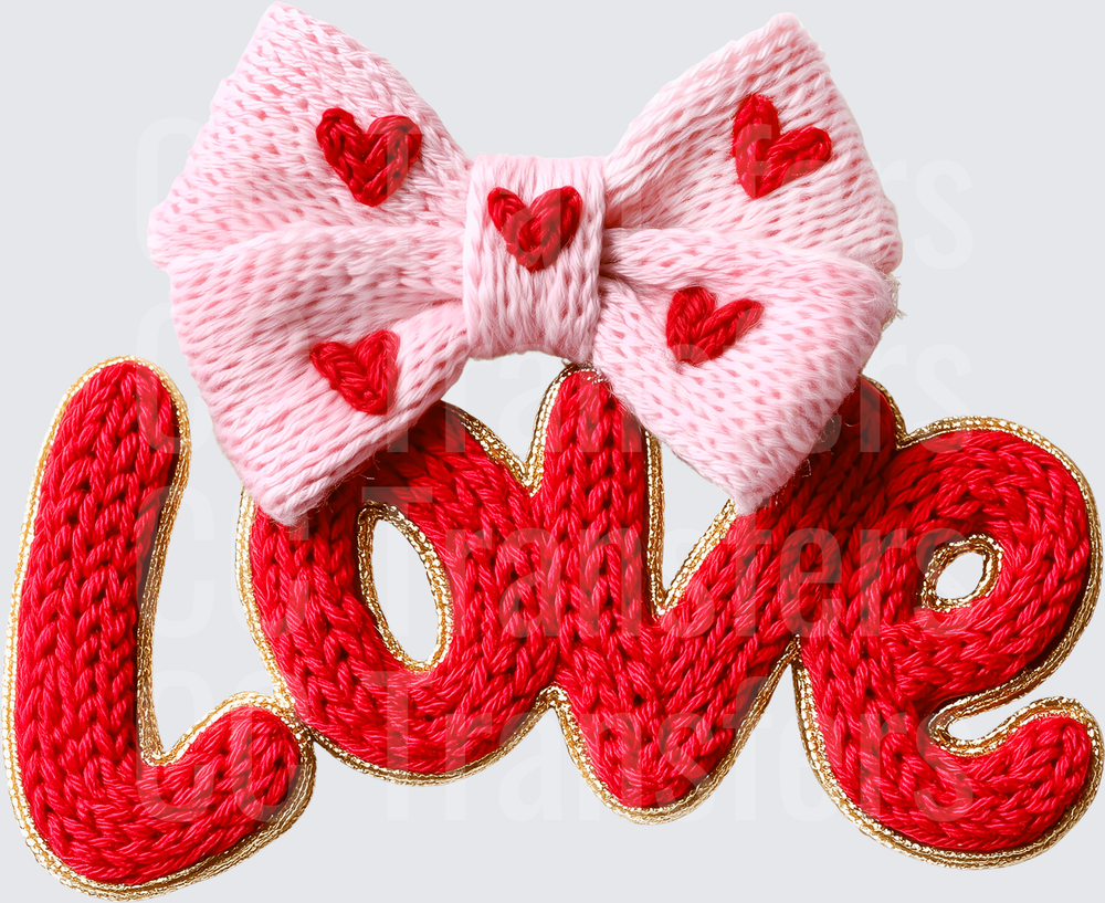 Knitted Love Script with Pink Heart Bow (DTF)