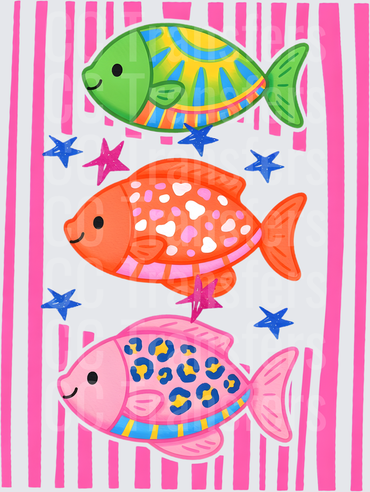 Colorful Patterned Fish Trio Pink Stripe Background (DTF)