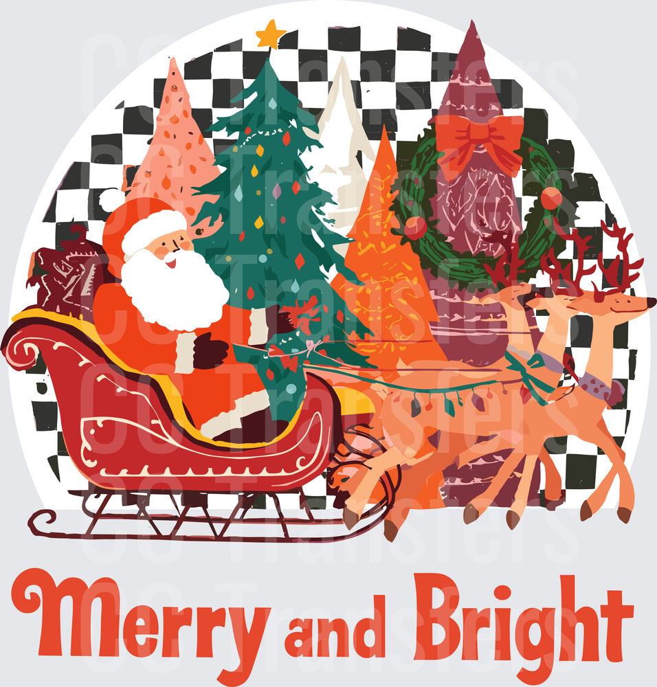 Merry and Bright Santa Sleigh Reindeer Checkered (DTF)