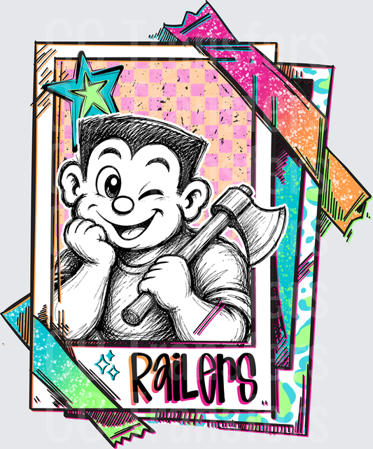 Railers Cartoon Mascot Boy With Axe Retro Card (DTF)