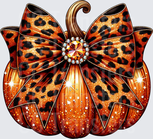 Glitter Leopard Print Bow Pumpkin with Rhinestone (DTF)