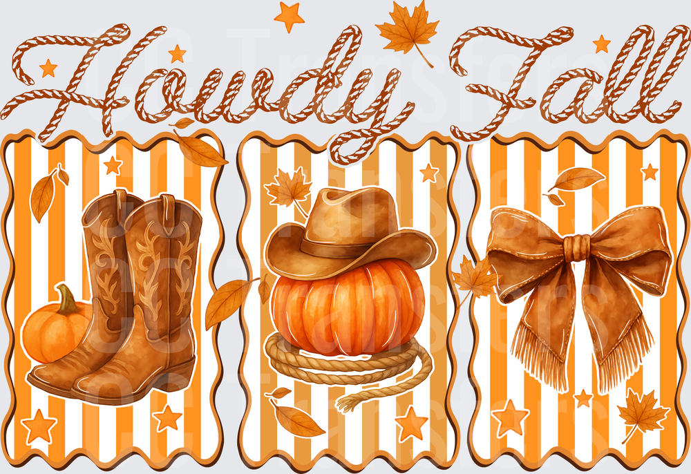 Howdy Fall Cowboy Boots Pumpkin Hat Bow Autumn (DTF)
