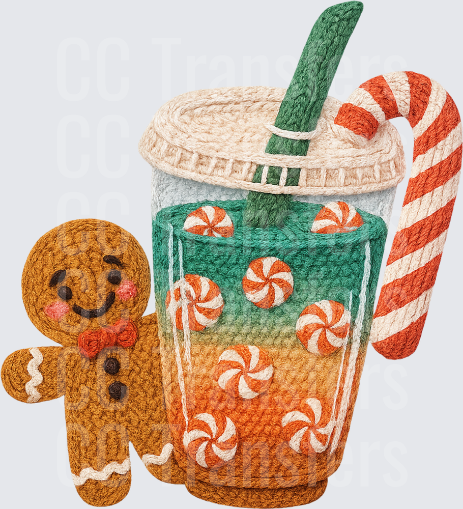 Crochet Gingerbread Man Peppermint Iced Holiday Drink (DTF)