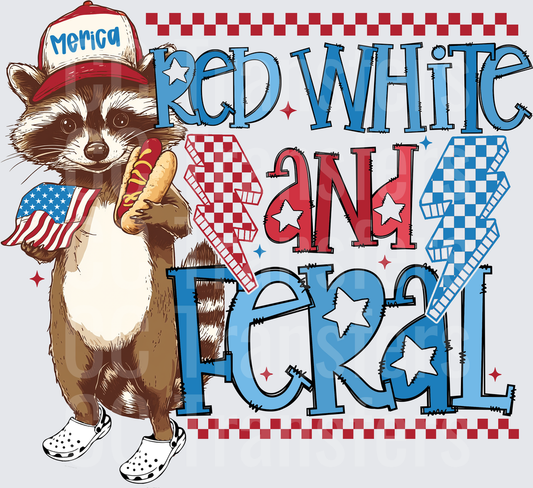 Red White and Feral Patriotic Raccoon with Hot Dog (DTF)