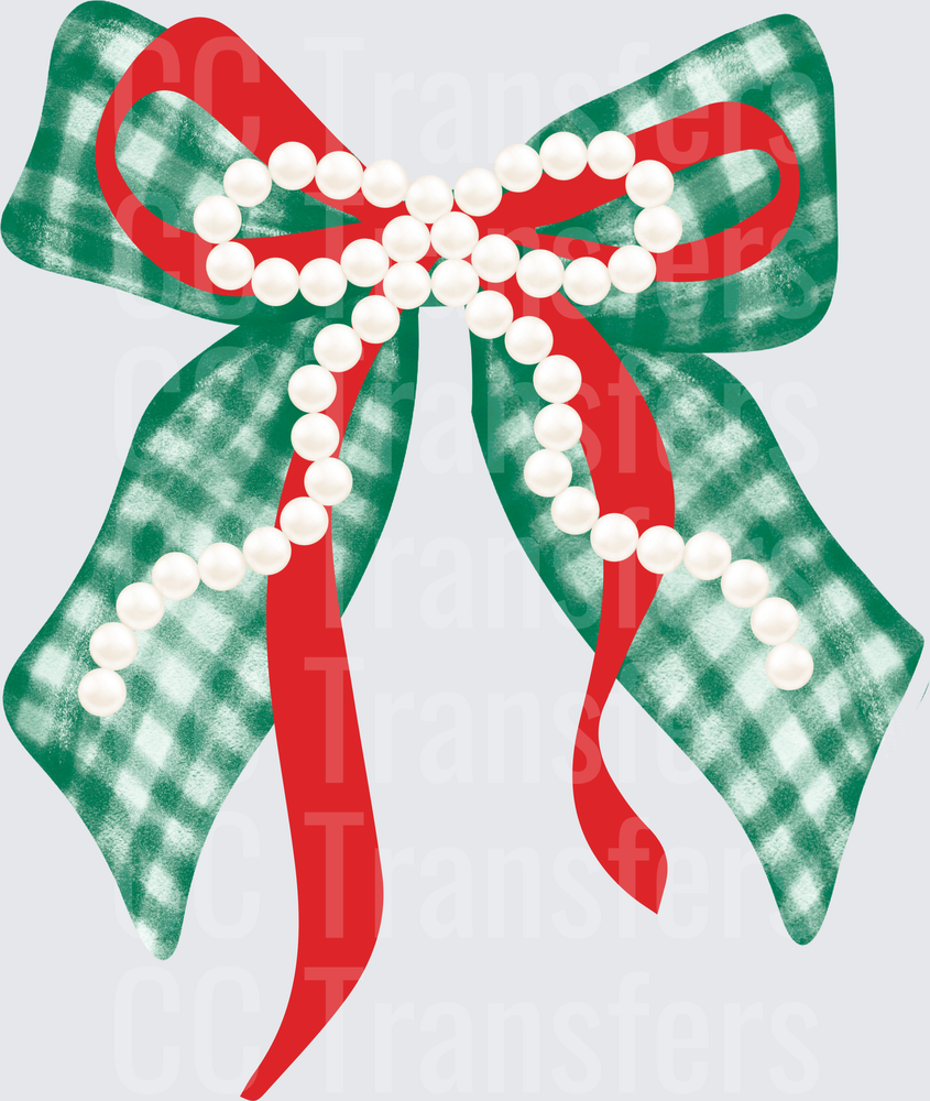 Christmas Green Gingham Bow with Pearl Strand (DTF)