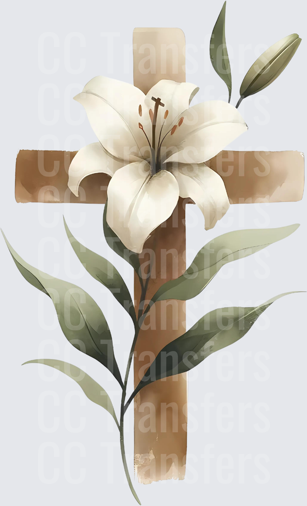 Watercolor Wooden Cross with White Easter Lily (DTF)