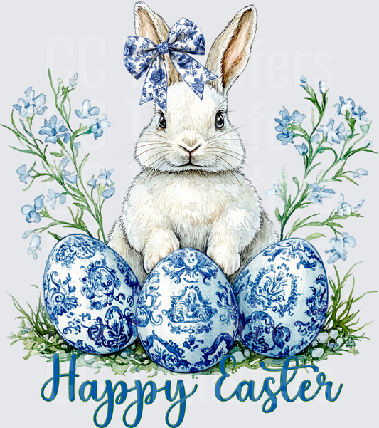 Happy Easter White Bunny Blue Toile Eggs Floral (DTF)