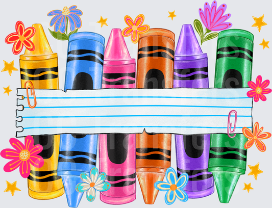 Colorful Crayons Blank Banner Floral Stars Design (DTF)