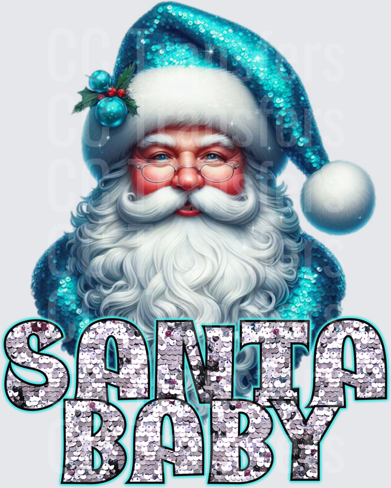 Teal Sequin Santa Claus Santa Baby Glitter Text (DTF)