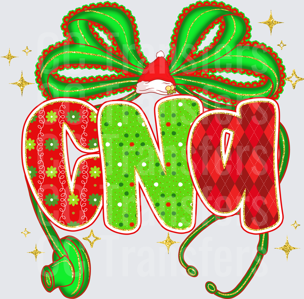 Christmas CNA Stethoscope Santa Hat Green Bow (DTF)