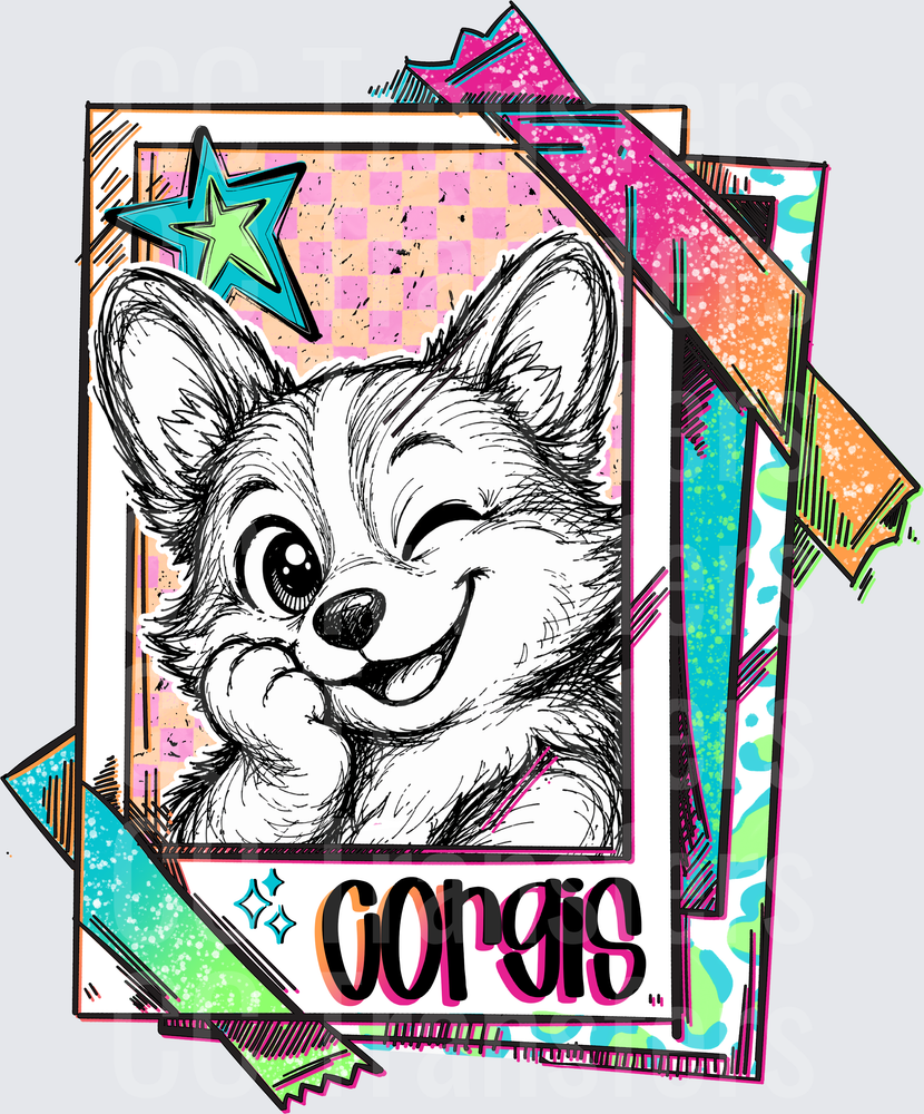 Winking Corgi Sketch Retro Photo Card Neon Pop Art (DTF)
