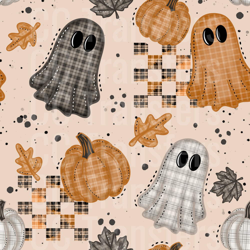 Plaid Patchwork Halloween Ghosts Pumpkins Fall Leaves (DTF)